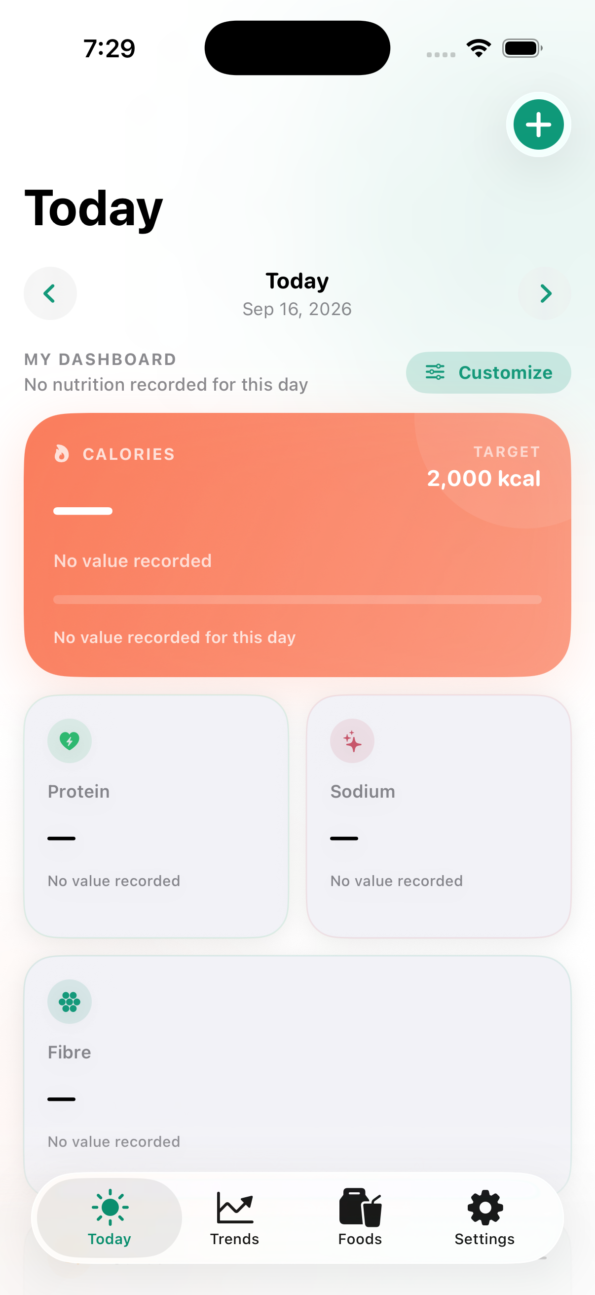 Calorify Today dashboard with a calorie target and customizable nutrient cards