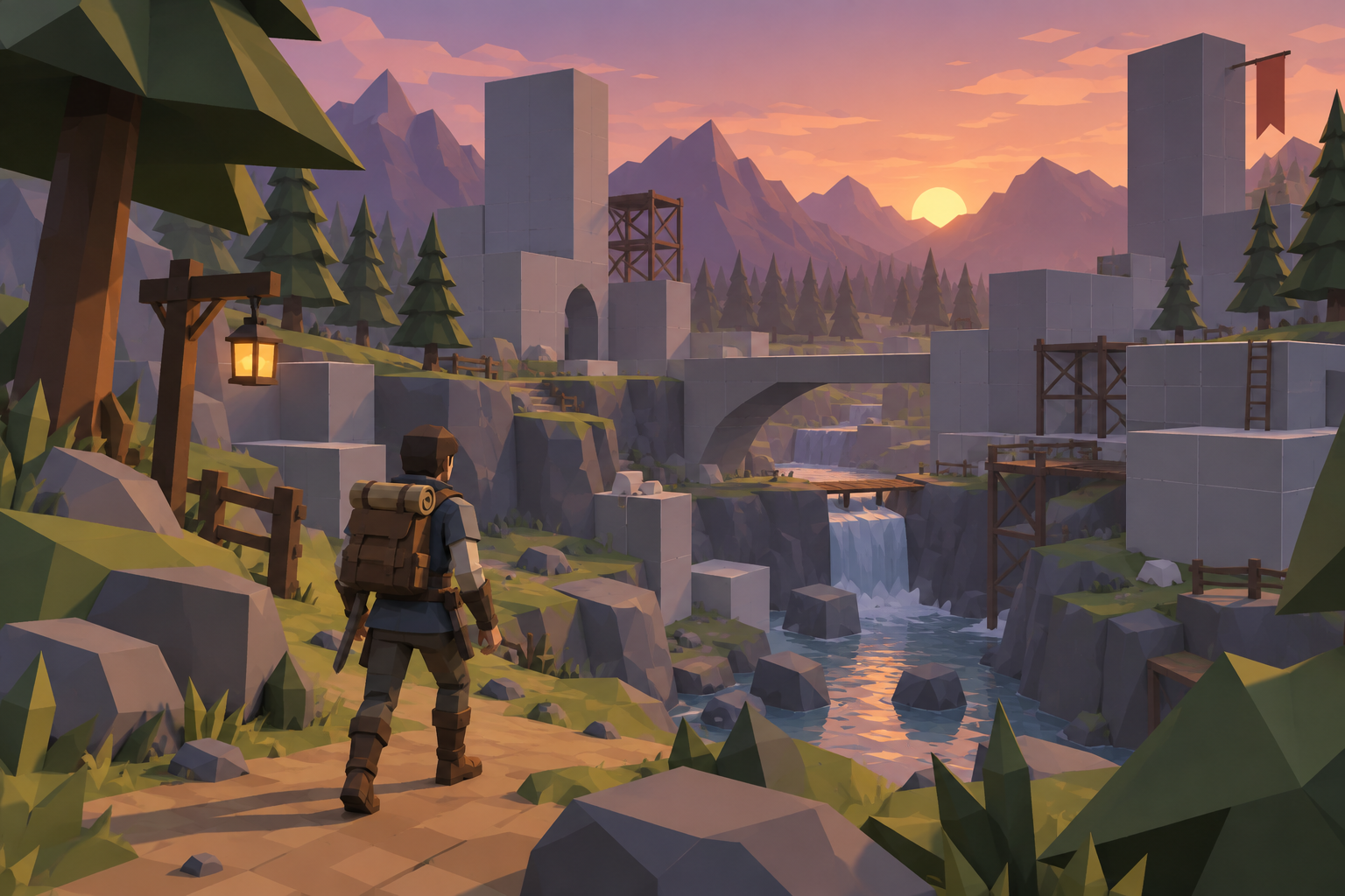 Low-poly game concept illustration with a small adventurer, faceted trees and rocks, and unfinished level geometry at dusk