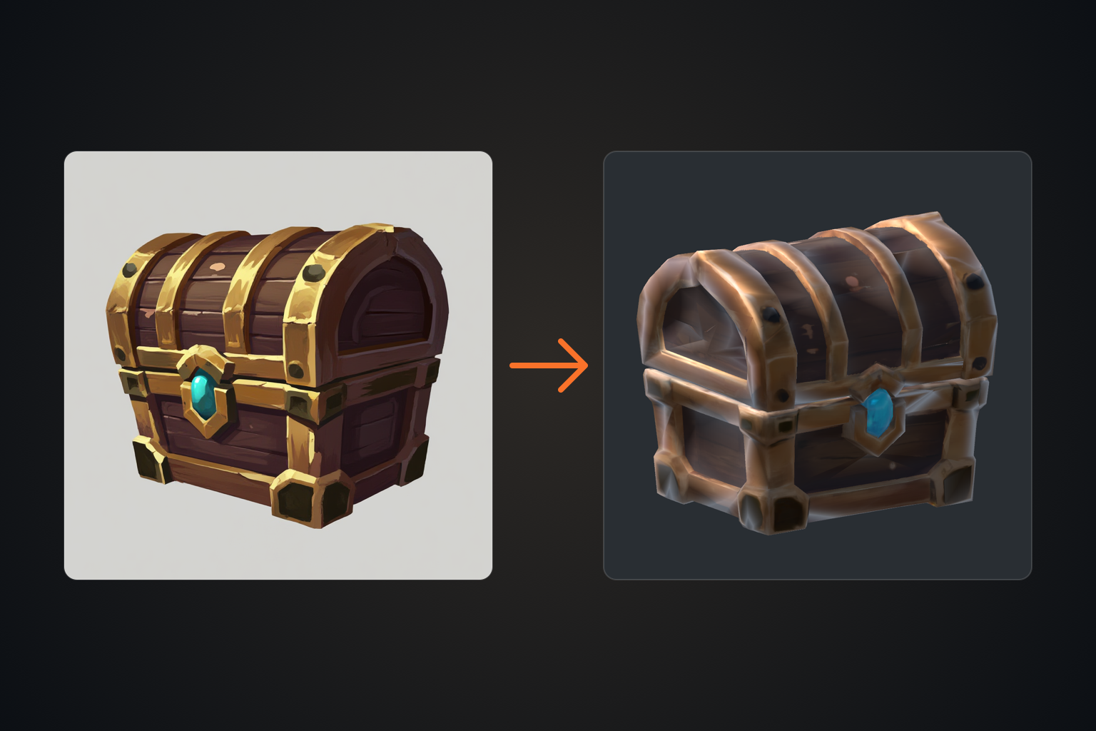 A painted treasure chest concept image on the left, an arrow, and the textured 3D chest model generated from it on the right