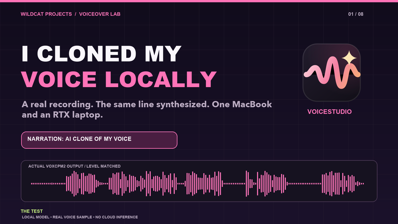 VoiceStudio video title card with a pink waveform and the words I Cloned My Voice Locally