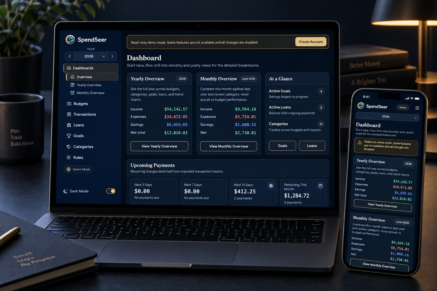 Generated illustration of SpendSeer’s navy-and-gold dashboard on a laptop and phone, with spending summaries and upcoming payments