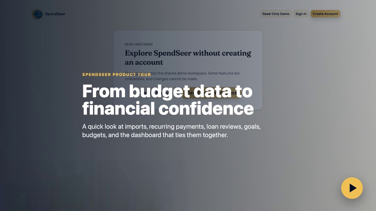 SpendSeer product tour title card reading From budget data to financial confidence, over the original demo sign-in page