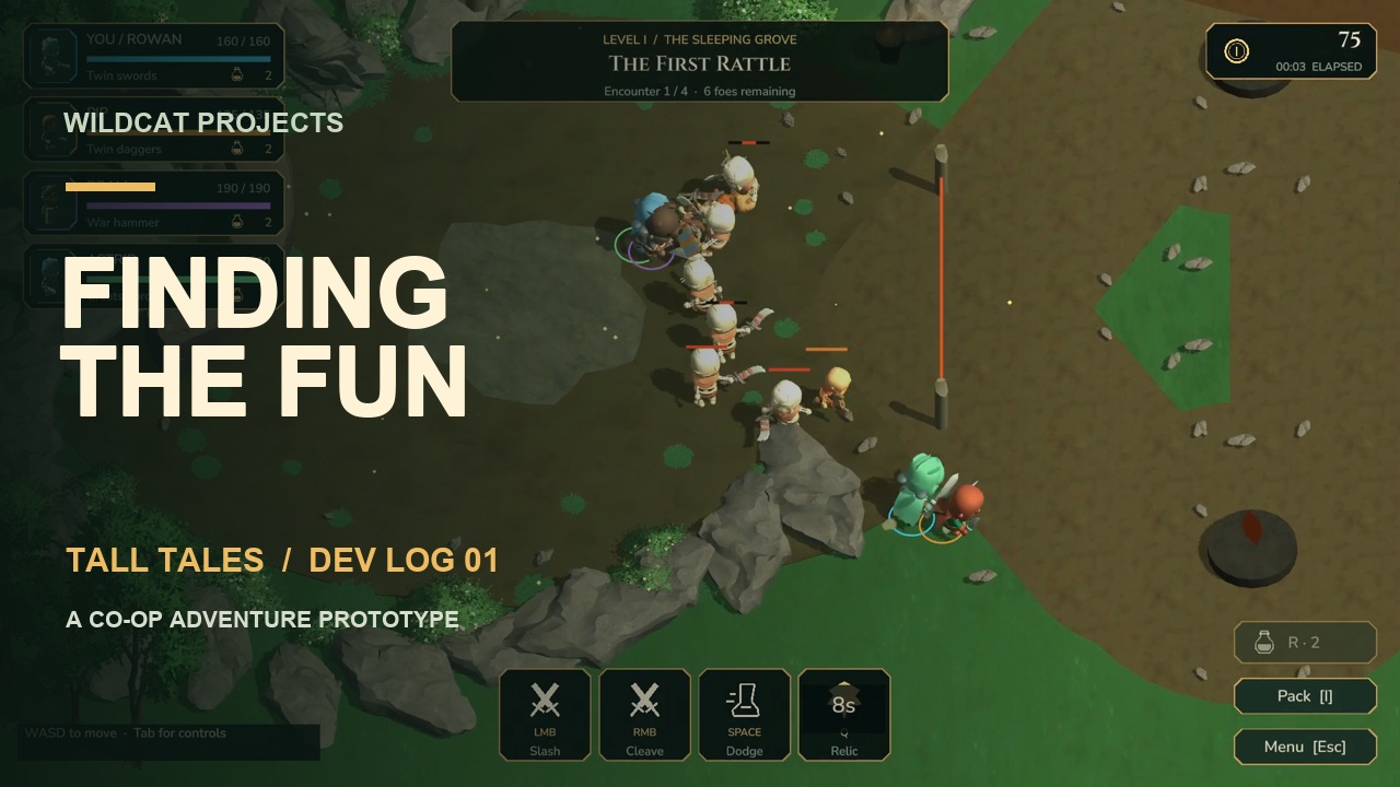 Four-player Tall Tales combat with the title Finding the Fun, Tall Tales Dev Log 01